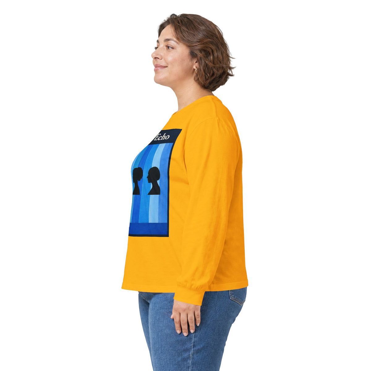 Azure Echo Long Sleeve Tee — Blue Stripe Silhouette Graphic