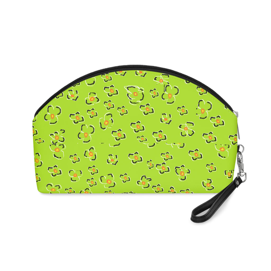 Green Floral Makeup Bag — Lime Leopard Print Cosmetic Pouch