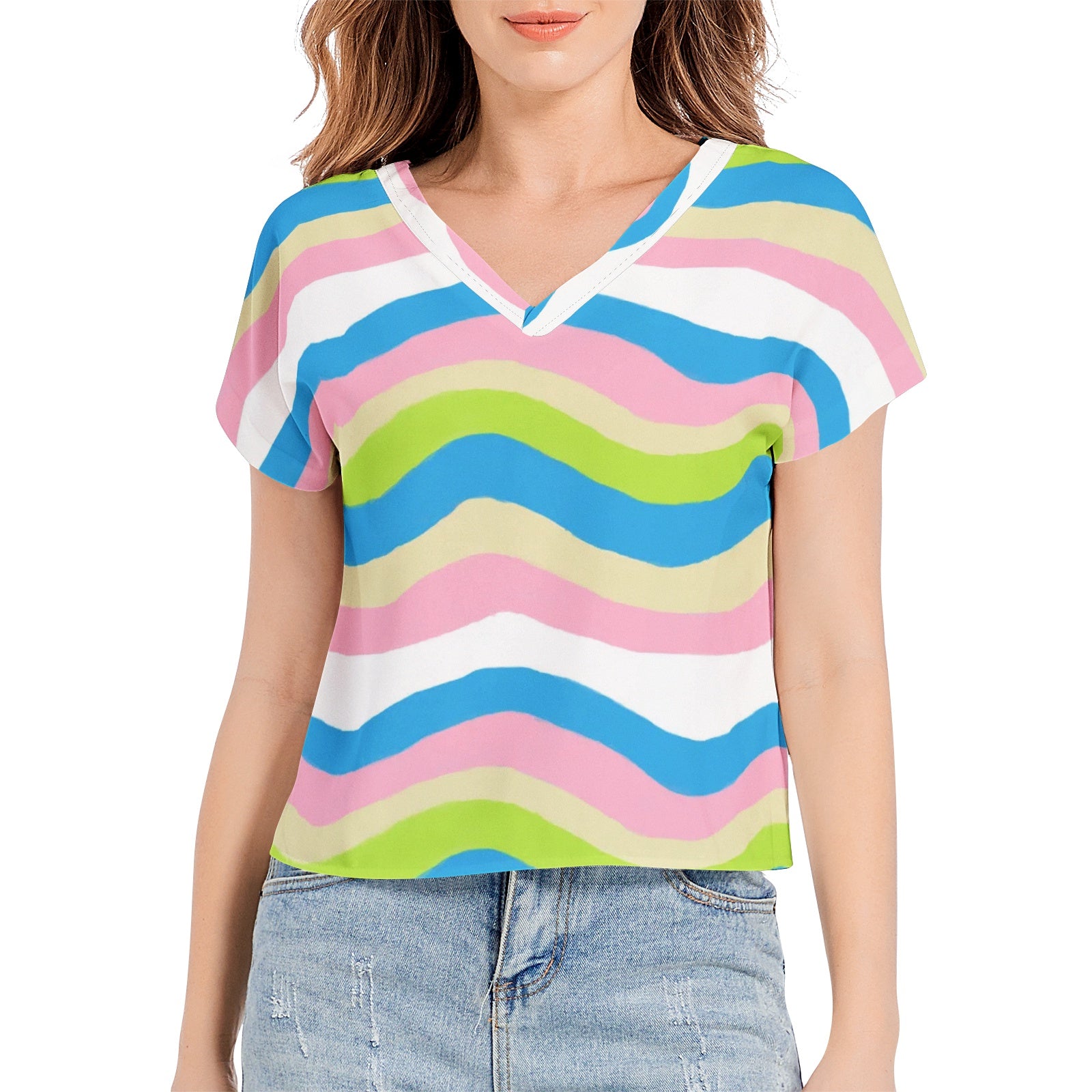 multicolor Batwing Sleeve V-Neck Top