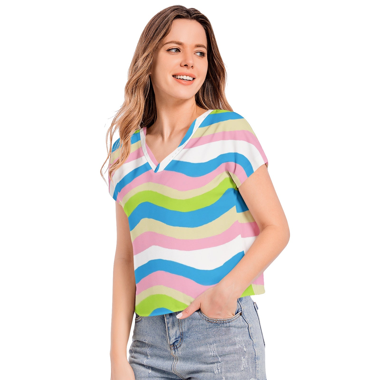 multicolor Batwing Sleeve V-Neck Top