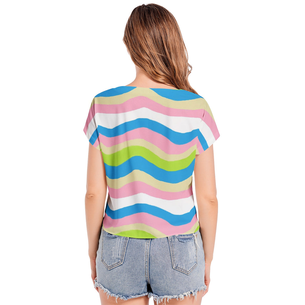 multicolor Batwing Sleeve V-Neck Top