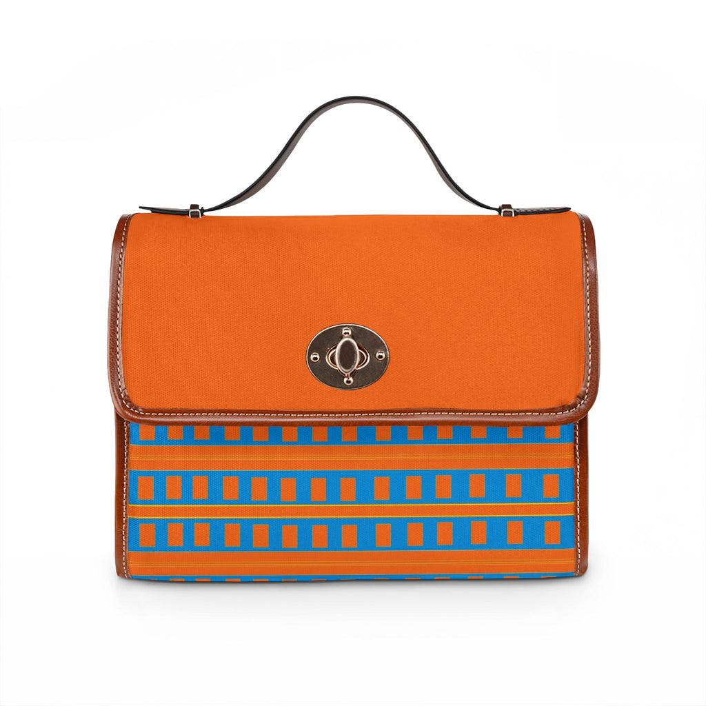 Waterproof Canvas Satchel — Orange & Blue Geometric Crossbody Bag