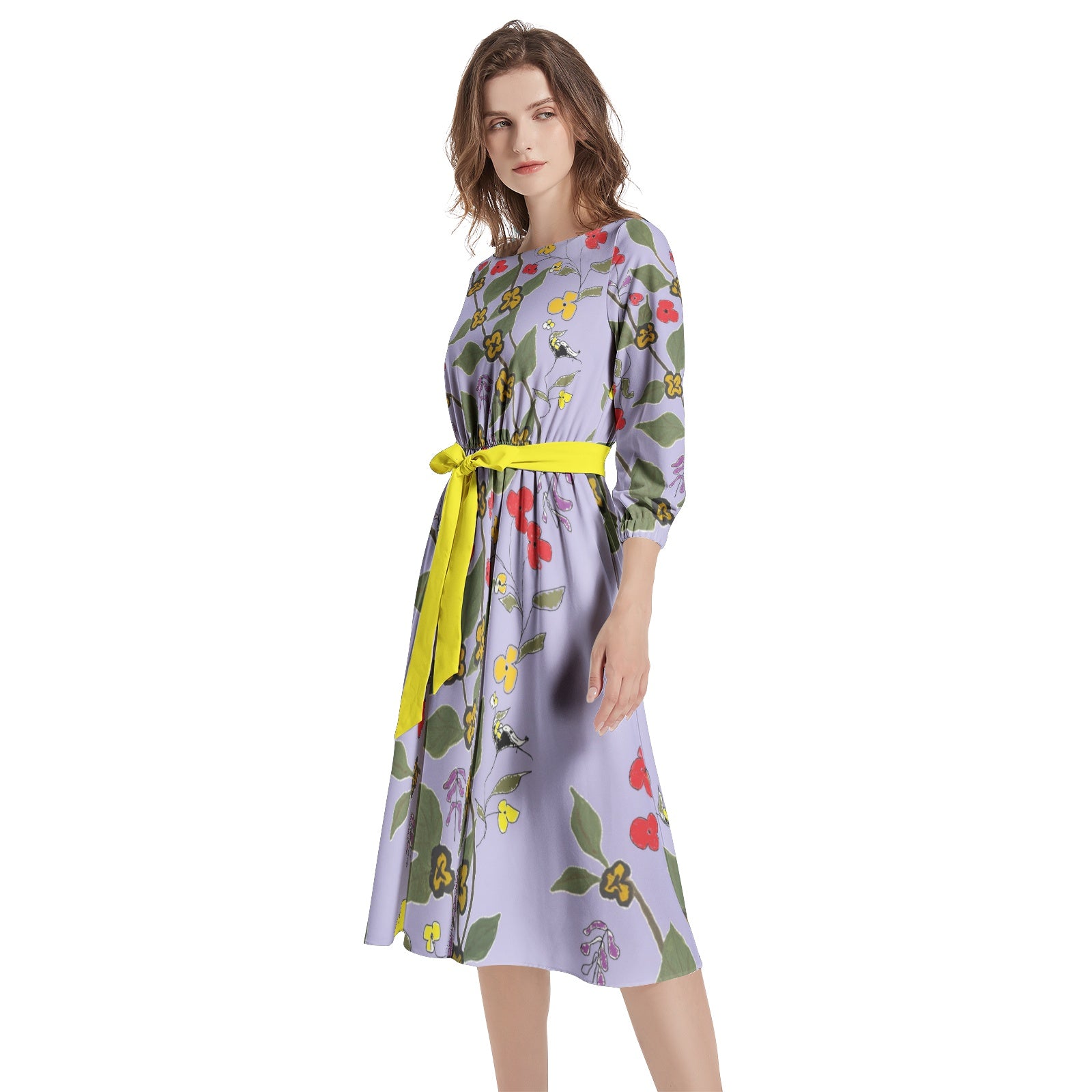 Floral Print-Boat Neck Belted Flared Dress