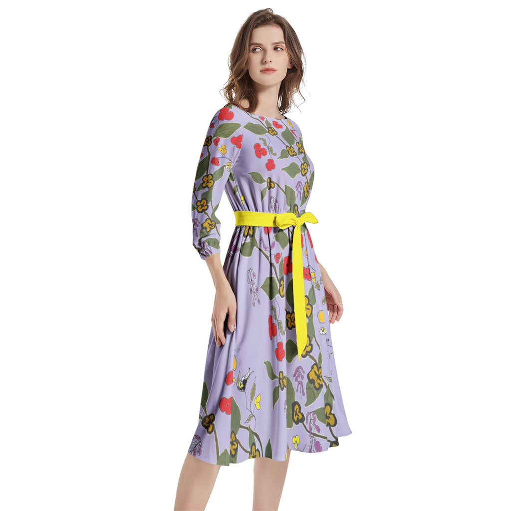 Floral Print-Boat Neck Belted Flared Dress