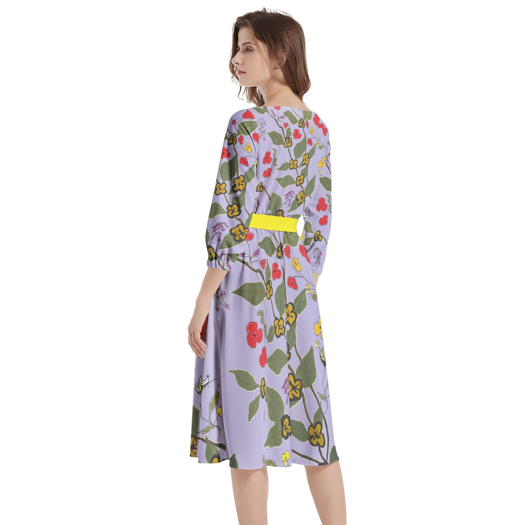 Floral Print-Boat Neck Belted Flared Dress