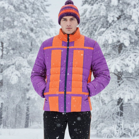 Colorblock Geometric Puffer Jacket — Bold Orange & Purple Men's Coat