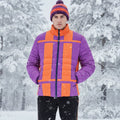 Colorblock Geometric Puffer Jacket — Bold Orange & Purple Men's Coat