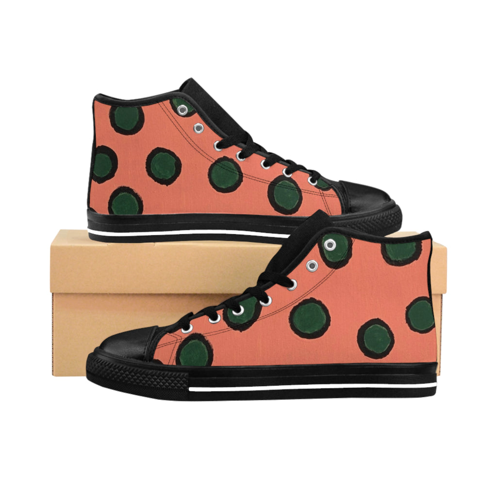 Women's Polka Dot High-Top Sneakers — Retro Peach & Green Dot Pattern