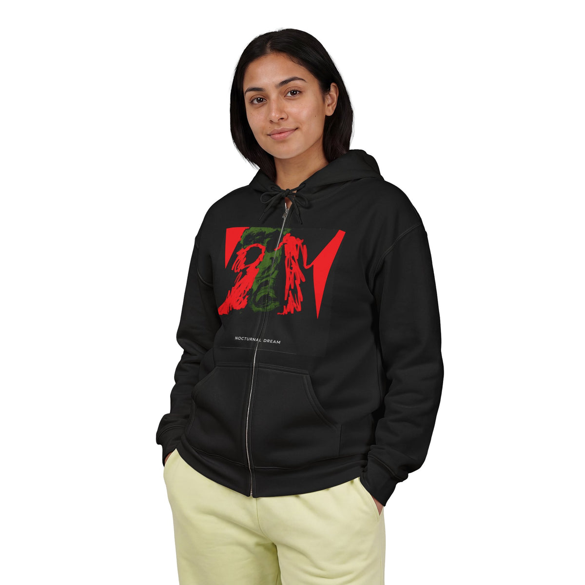 Zip Hoodie – Red & Green Abstract Angel Graphic, 'Nocturnal Dream' Streetwear