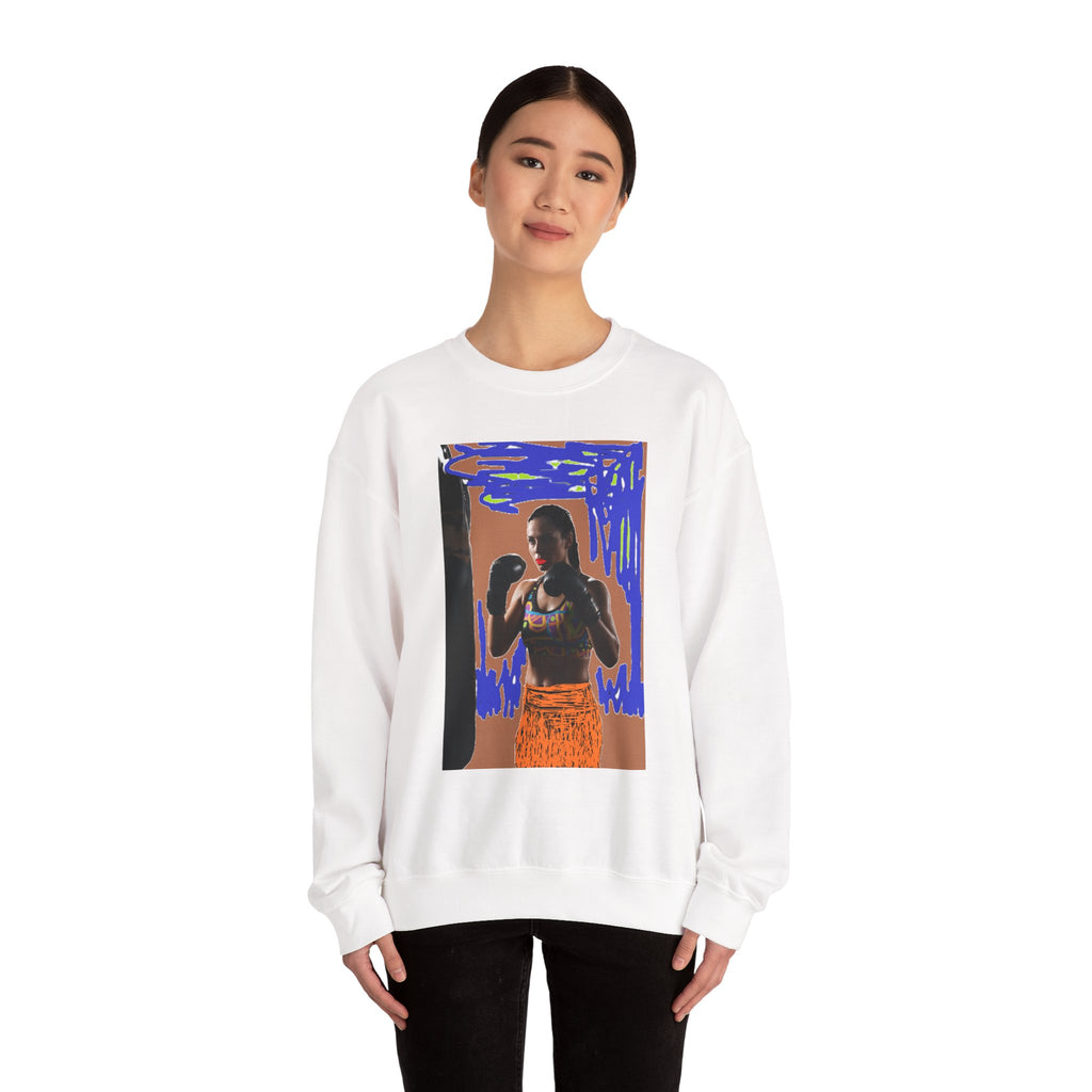 Boxing Woman Art Crewneck Sweatshirt — Retro Skate-Punk Portrait Design