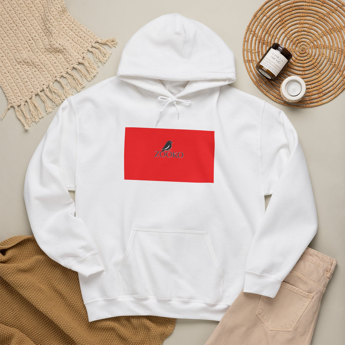 Zooko Logo Hoodie — Minimal Red Chest Graphic & Back Logo Pullover