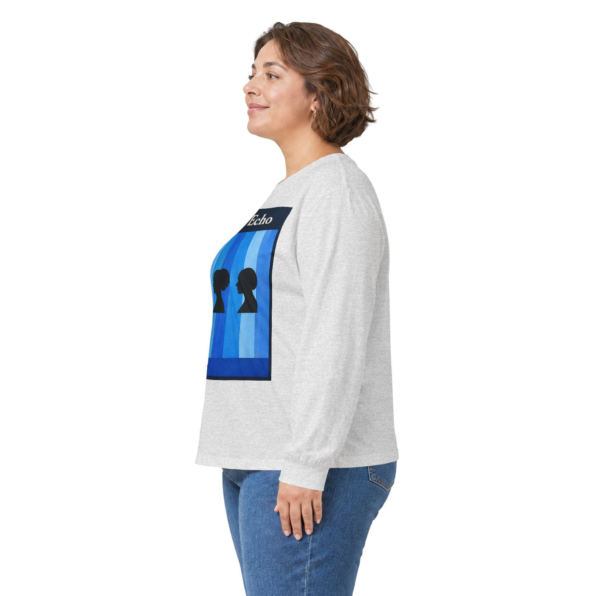 Azure Echo Long Sleeve Tee — Blue Stripe Silhouette Graphic