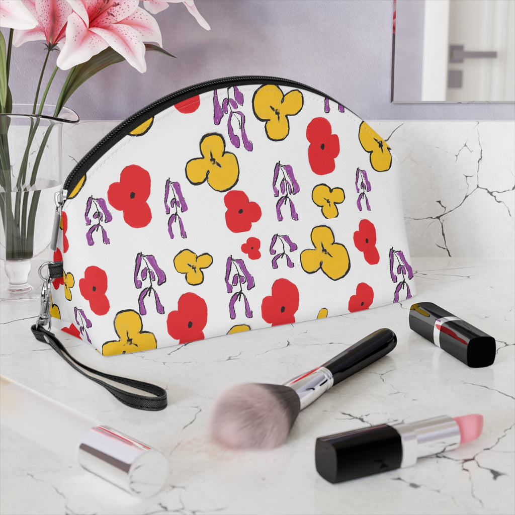 Floral Pansy Print Makeup Bag — Colorful Red, Yellow & Purple Cosmetic Pouch