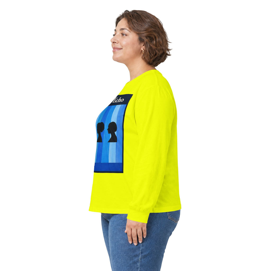 Azure Echo Long Sleeve Tee — Blue Stripe Silhouette Graphic
