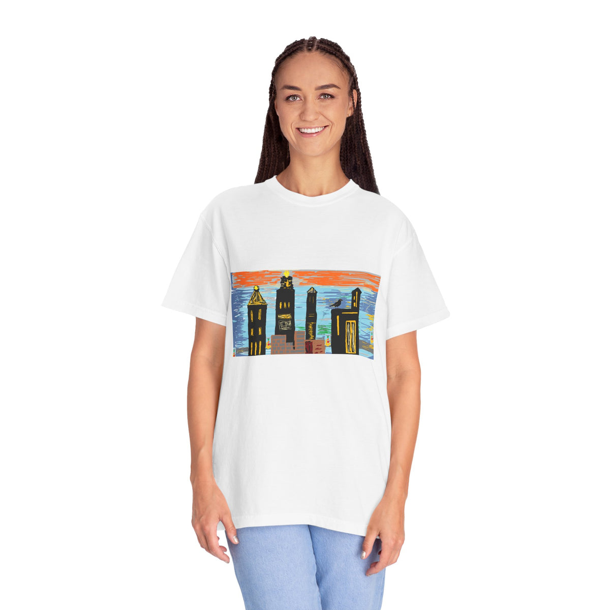 City Skyline T-Shirt — Colorful Hand-Drawn Urban Sunset Tee