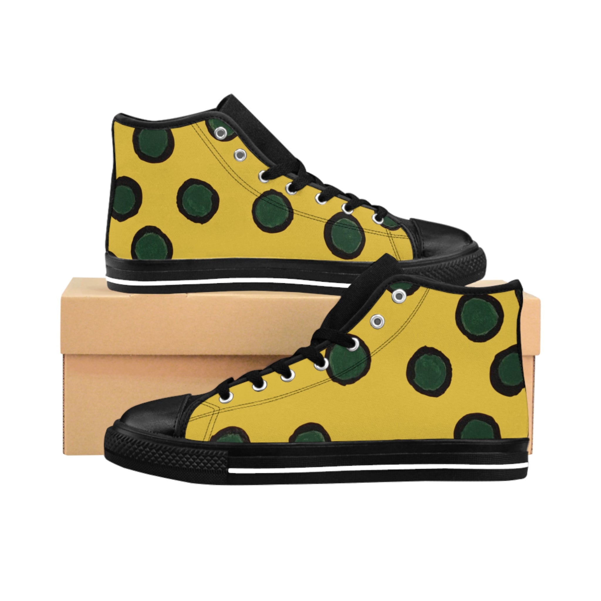 Yellow Polka Dot High-Top Sneakers — Women's Retro Green Spot Canvas Shoes