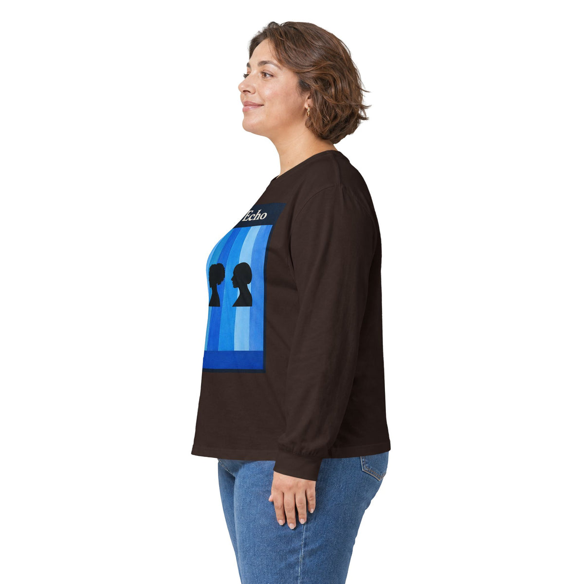 Azure Echo Long Sleeve Tee — Blue Stripe Silhouette Graphic