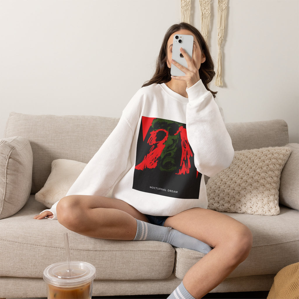 Nocturnal Dream Graphic Sweatshirt — Abstract Red & Green Art Crewneck