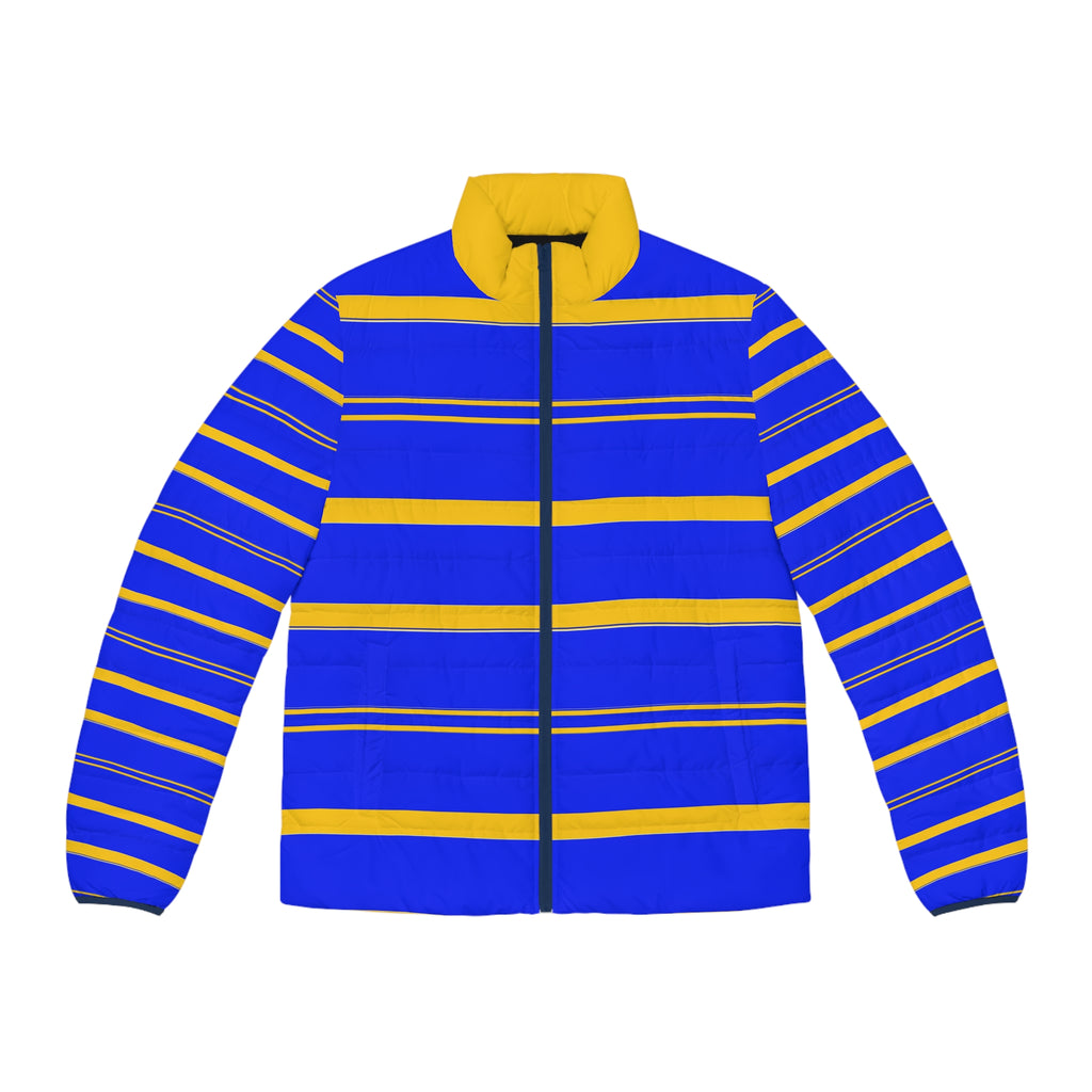 Blue & Yellow Striped Puffer Jacket — Men's Bold Colorblock Winter Coat
