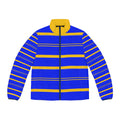 Blue & Yellow Striped Puffer Jacket — Men's Bold Colorblock Winter Coat