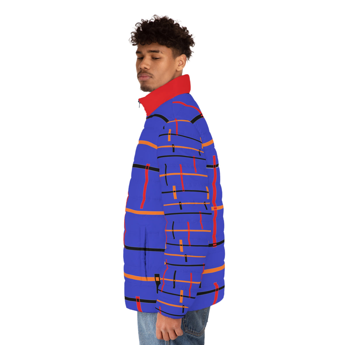 Blue Geometric Puffer Jacket — Men's Bold Stripe All-Over Print