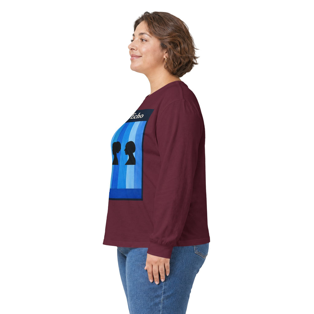 Azure Echo Long Sleeve Tee — Blue Stripe Silhouette Graphic