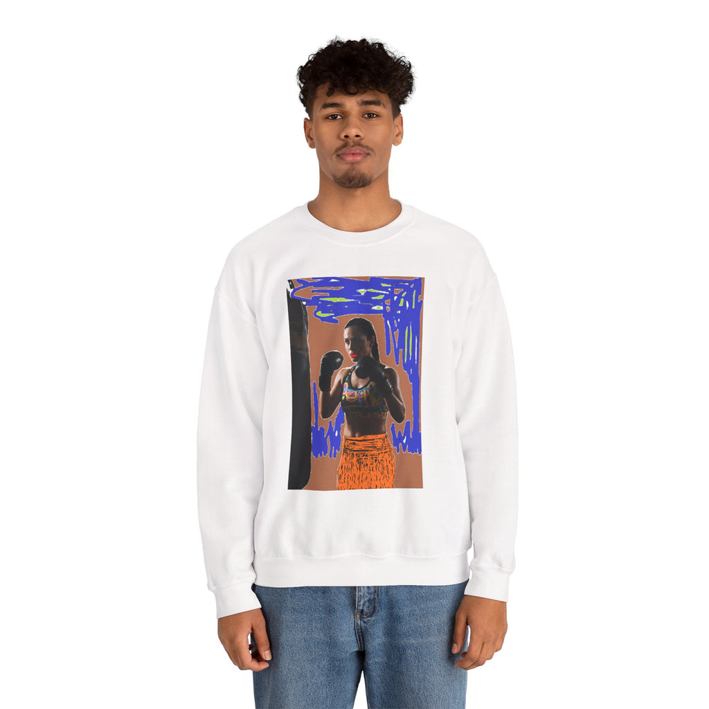 Boxing Woman Art Crewneck Sweatshirt — Retro Skate-Punk Portrait Design