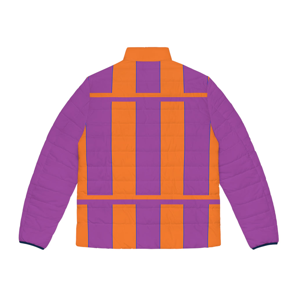 Colorblock Geometric Puffer Jacket — Bold Orange & Purple Men's Coat