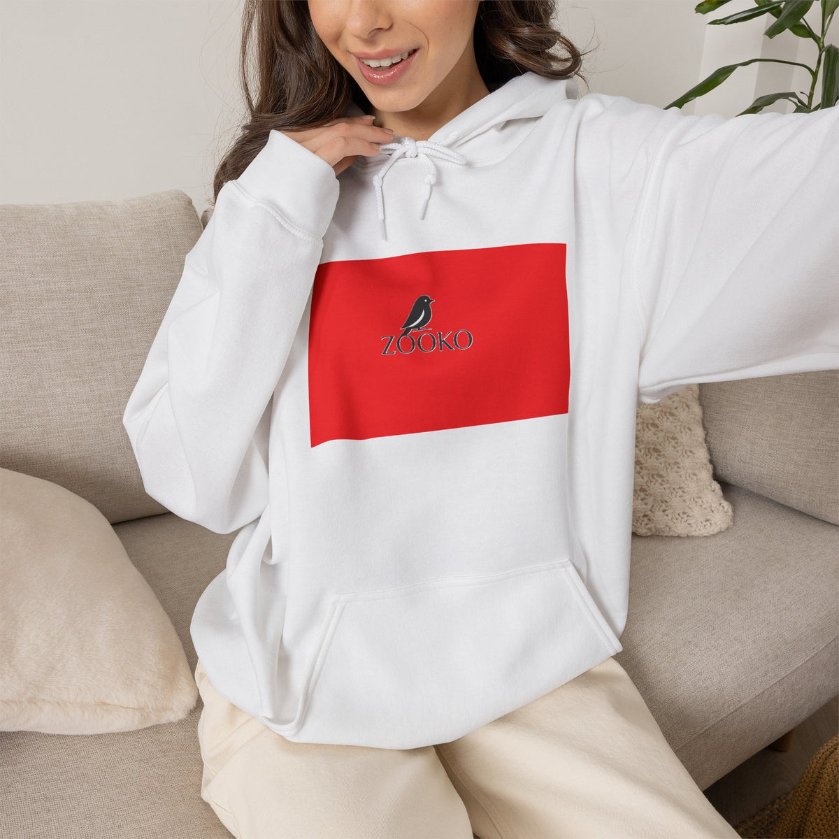 Zooko Logo Hoodie — Minimal Red Chest Graphic & Back Logo Pullover