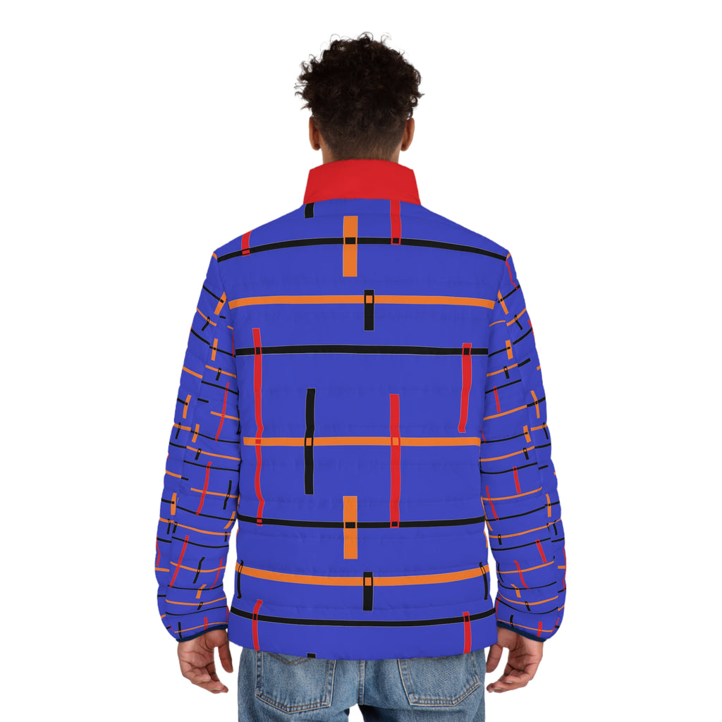 Blue Geometric Puffer Jacket — Men's Bold Stripe All-Over Print