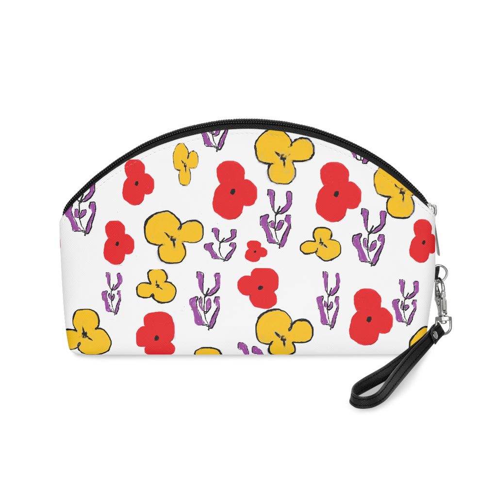Floral Pansy Print Makeup Bag — Colorful Red, Yellow & Purple Cosmetic Pouch