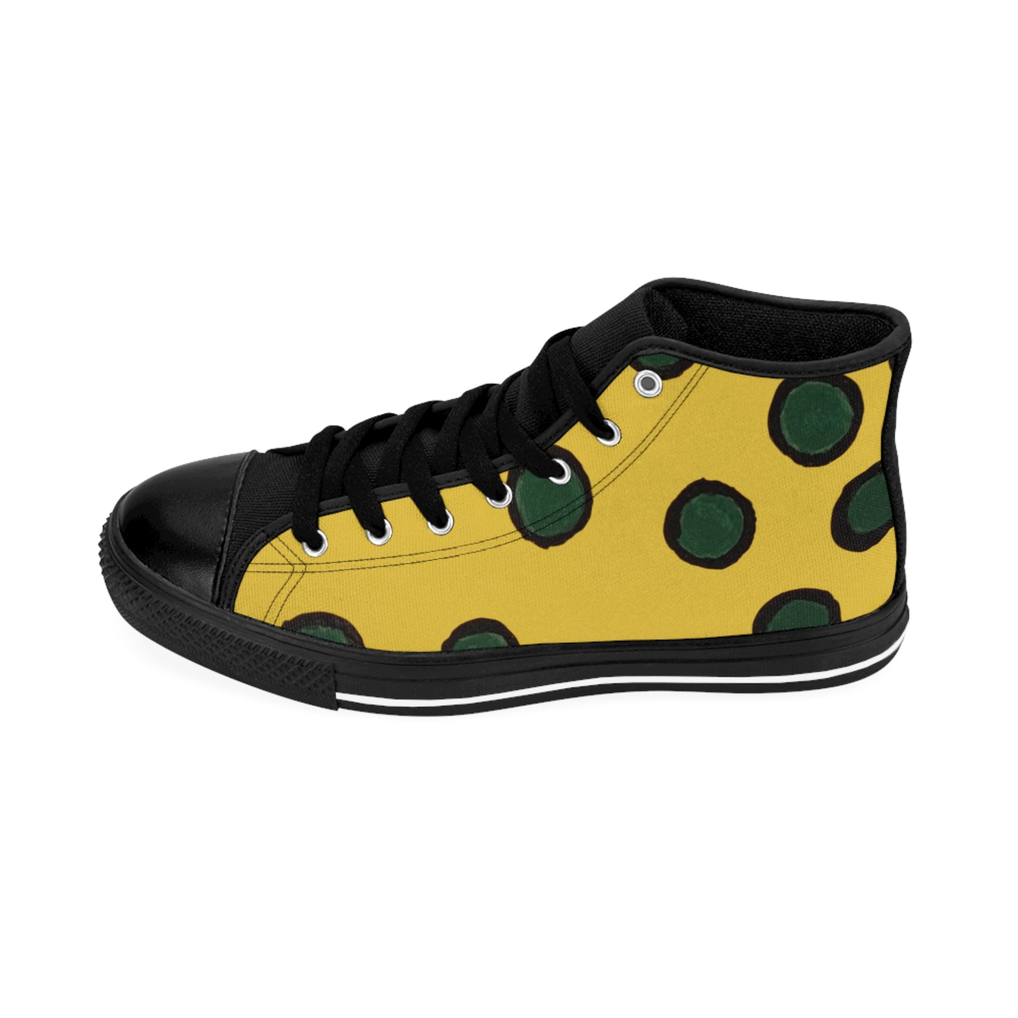 Yellow Polka Dot High-Top Sneakers — Women's Retro Green Spot Canvas Shoes