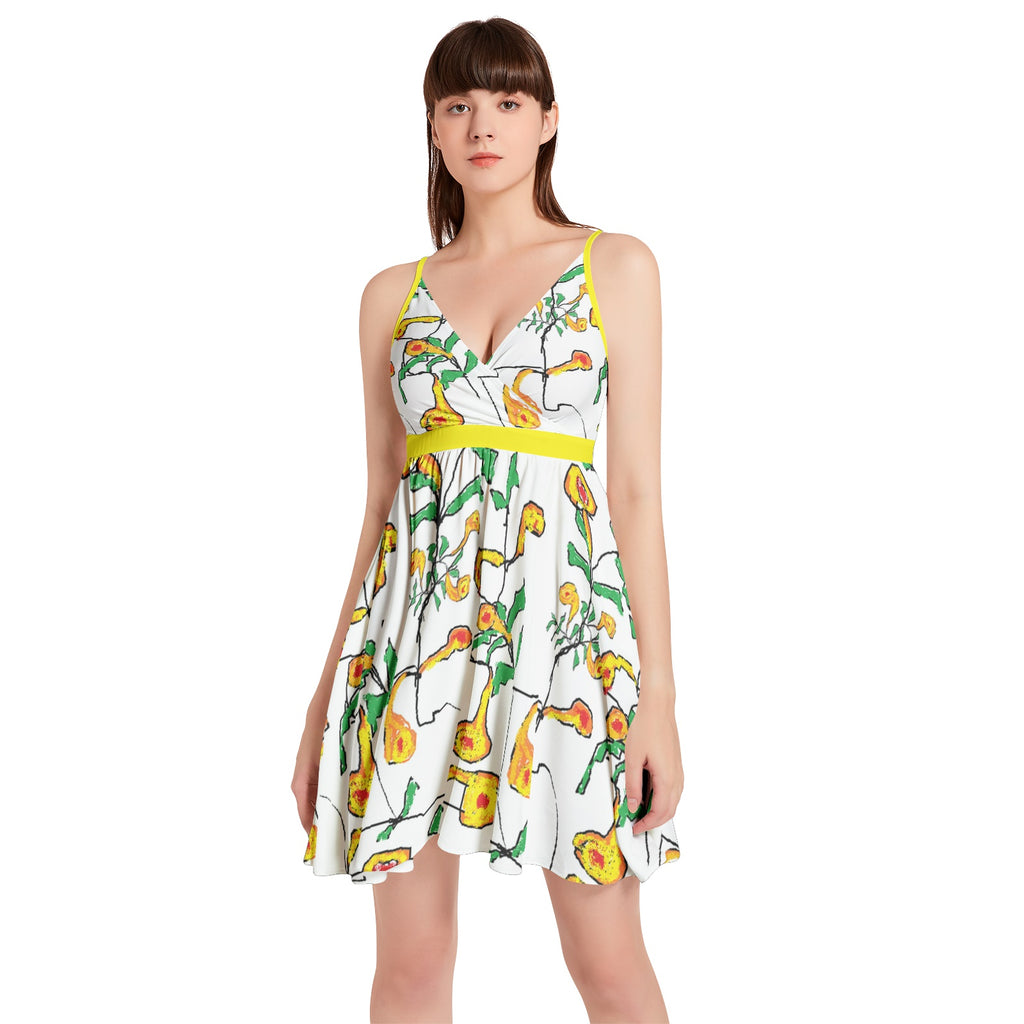 floral Spaghetti Strap Sleeveless Falred Hem Short Dress