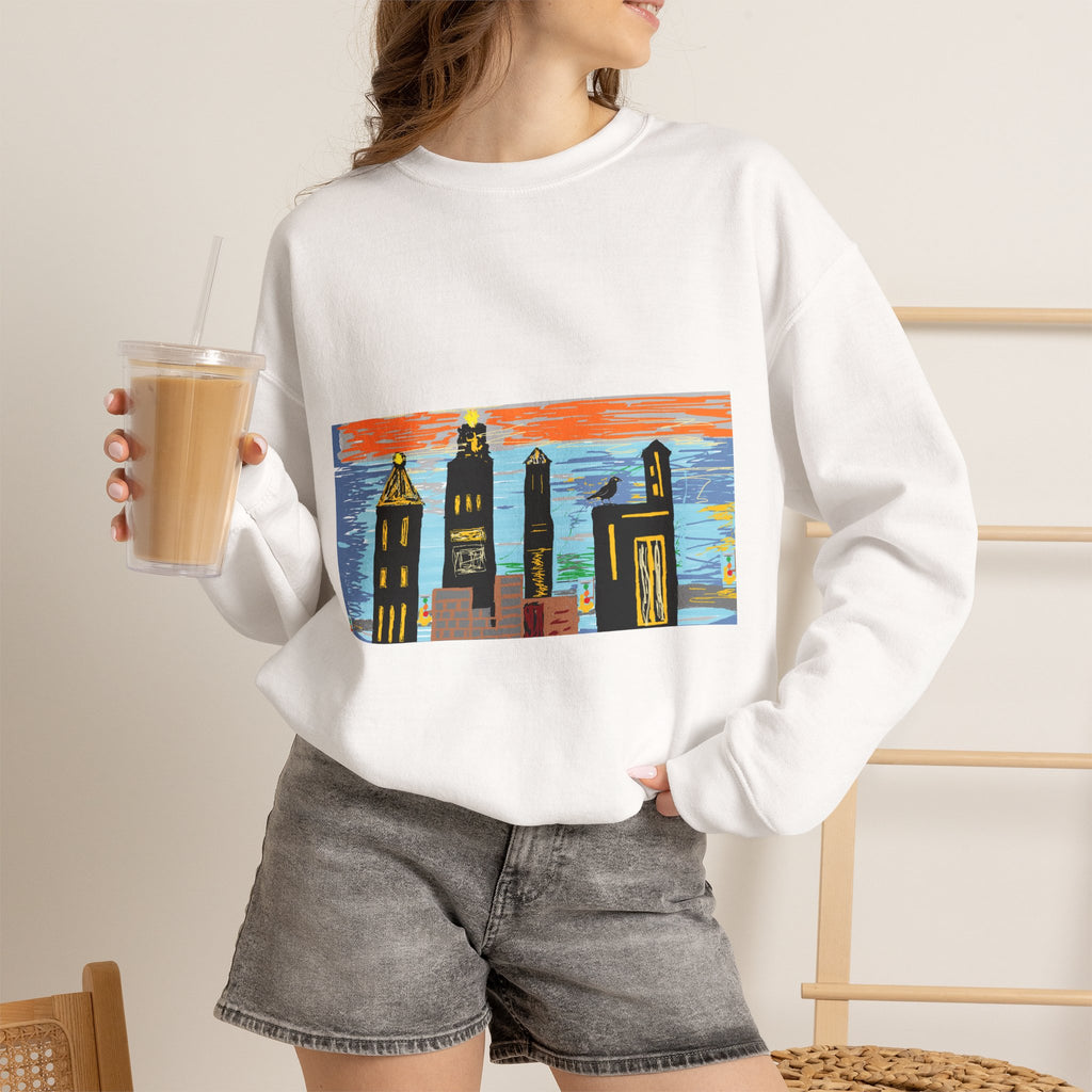 City Skyline Crewneck Sweatshirt — Colorful Urban Sunset Graphic