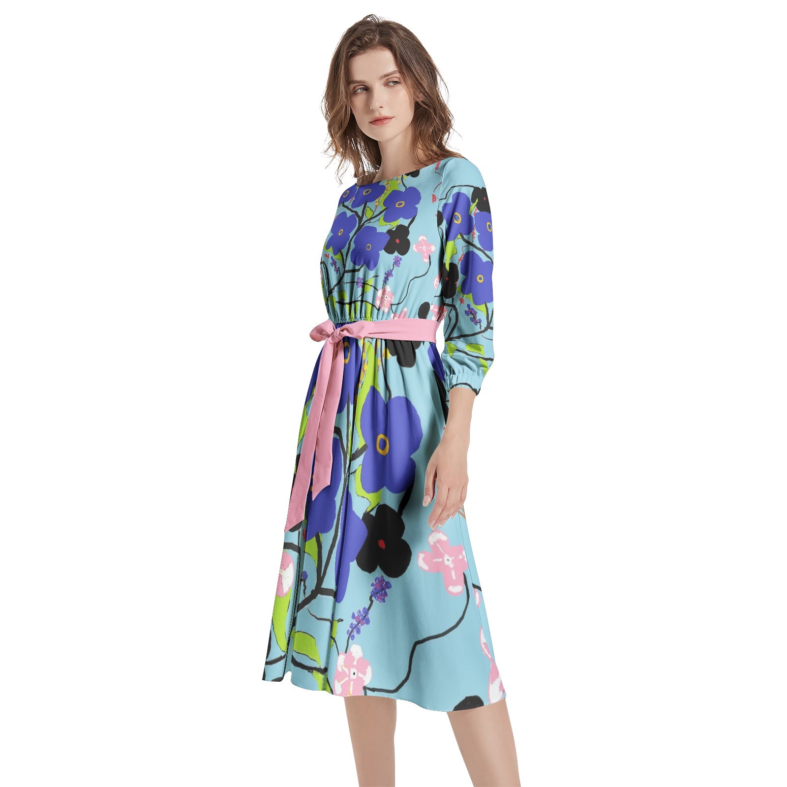 floral Boat Neck Belted Flared Dress
