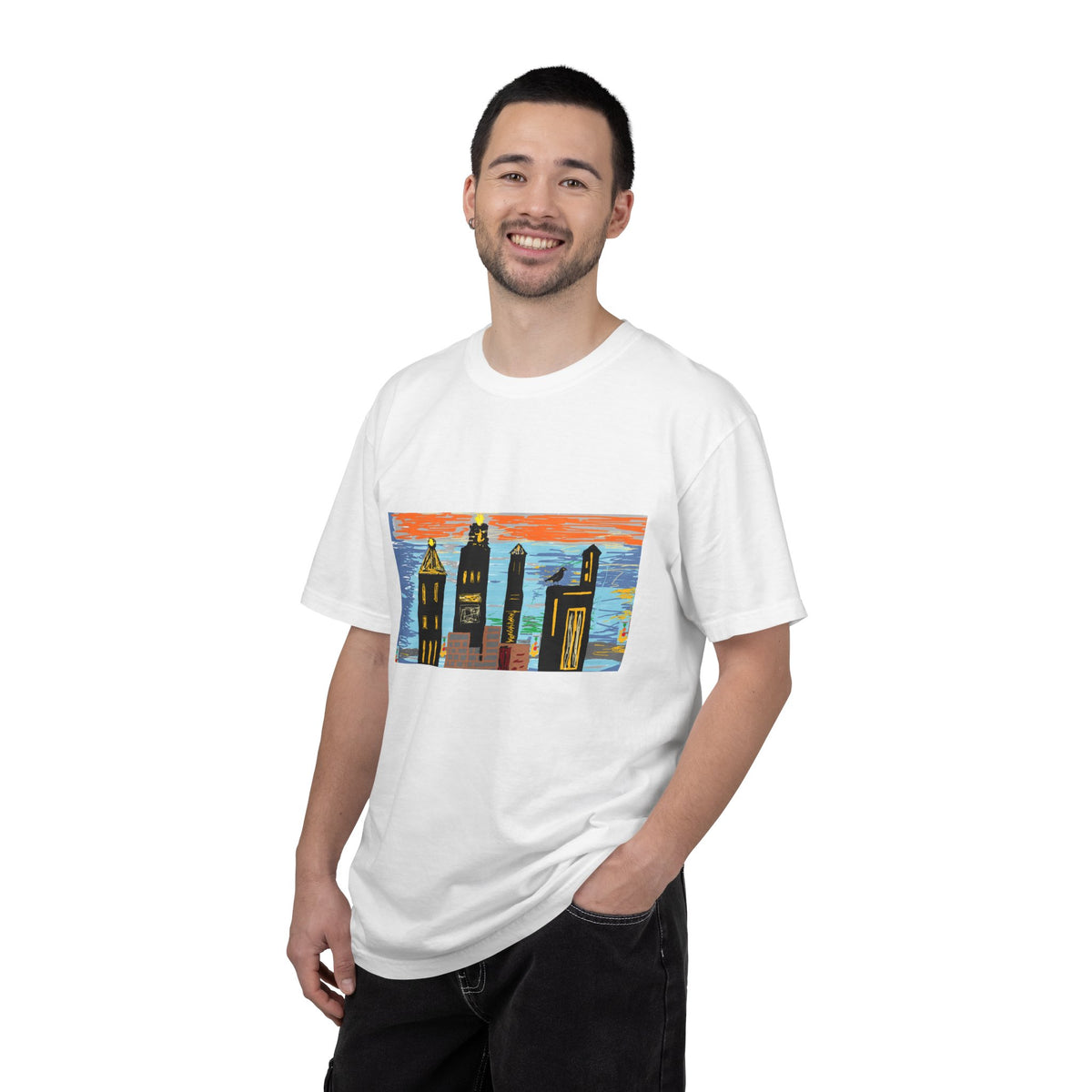 City Skyline T-Shirt — Colorful Hand-Drawn Urban Sunset Tee