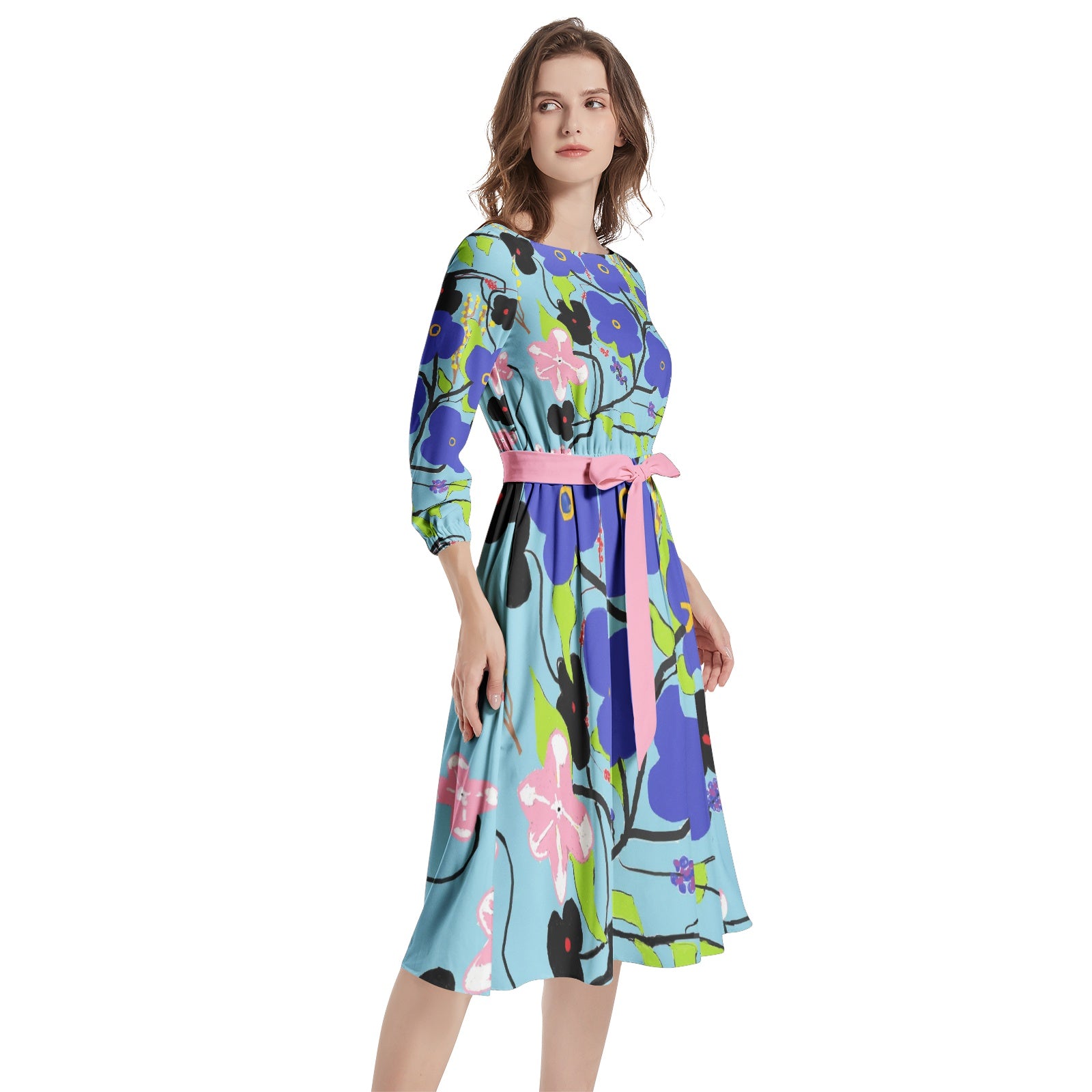 floral Boat Neck Belted Flared Dress