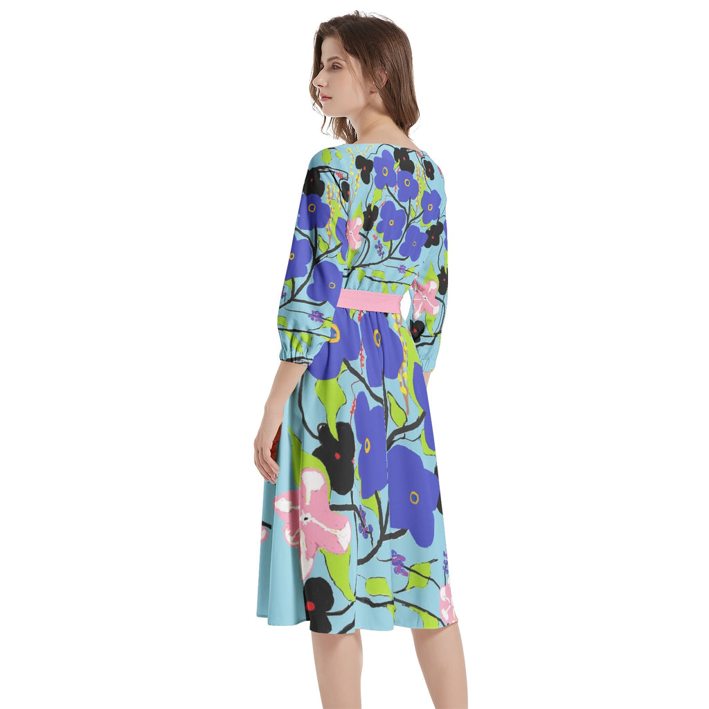 floral Boat Neck Belted Flared Dress