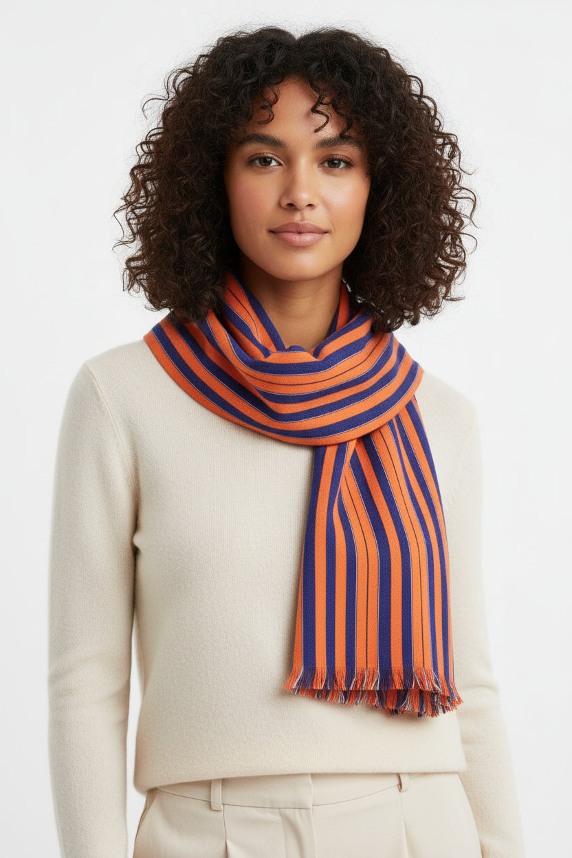 Striped Lightweight Scarf — Orange & Navy / Pink & Gray Reversible Knit