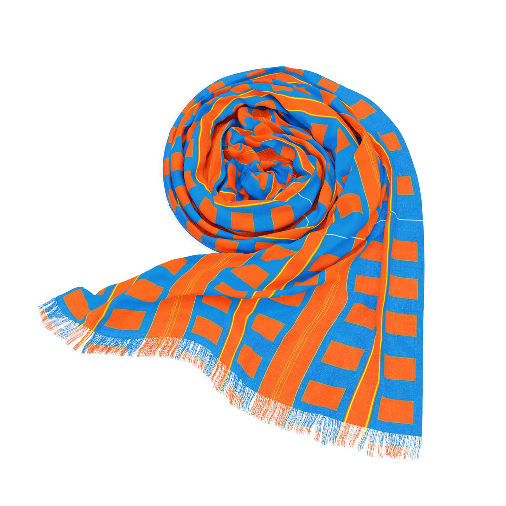 Geometric Stripe Lightweight Scarf — Colorblock Blue & Orange Fashion Wrap