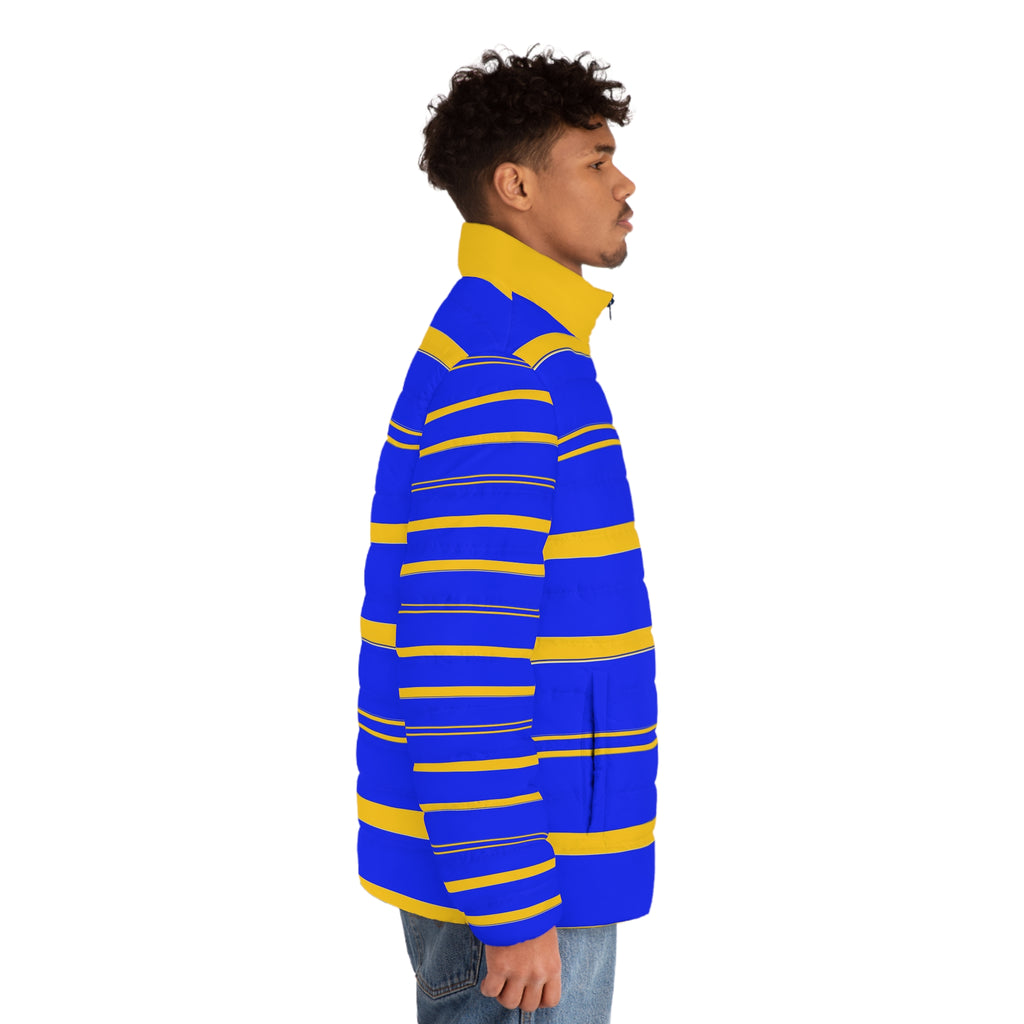 Blue & Yellow Striped Puffer Jacket — Men's Bold Colorblock Winter Coat