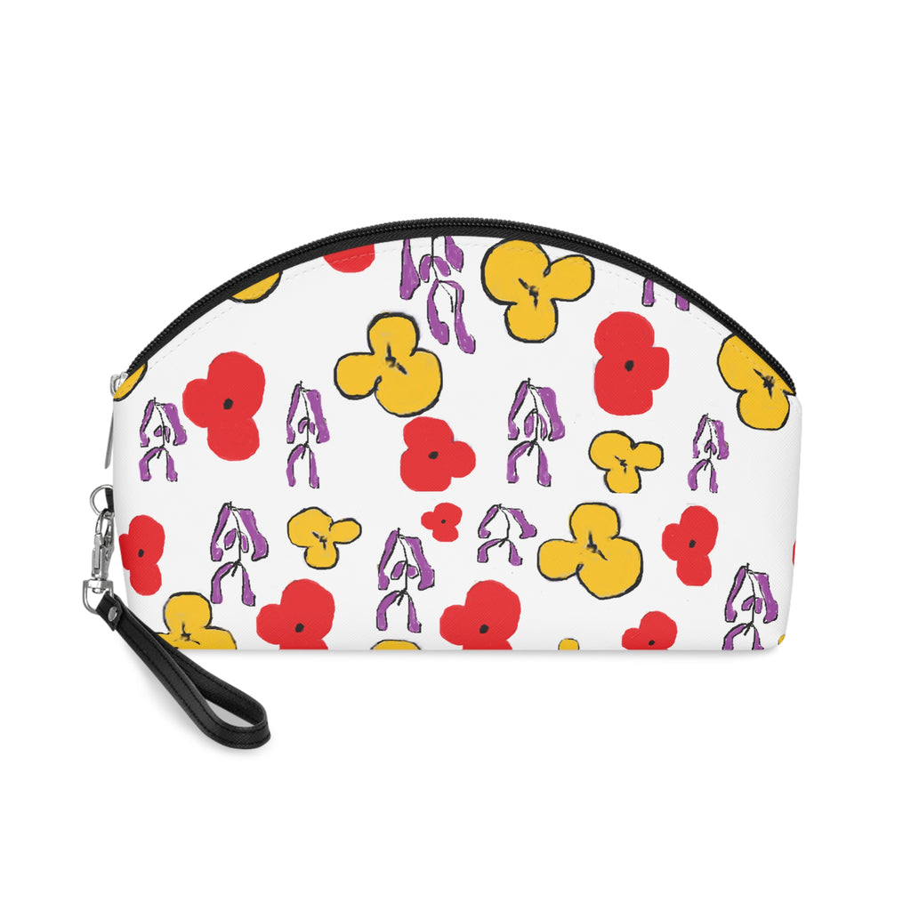 Floral Pansy Print Makeup Bag — Colorful Red, Yellow & Purple Cosmetic Pouch