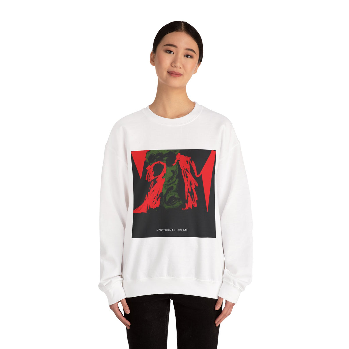 Nocturnal Dream Graphic Sweatshirt — Abstract Red & Green Art Crewneck