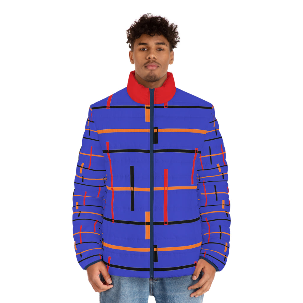Blue Geometric Puffer Jacket — Men's Bold Stripe All-Over Print