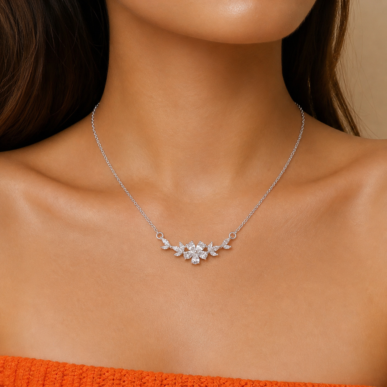 Beautiful Silver Floral Rhinestone Necklace