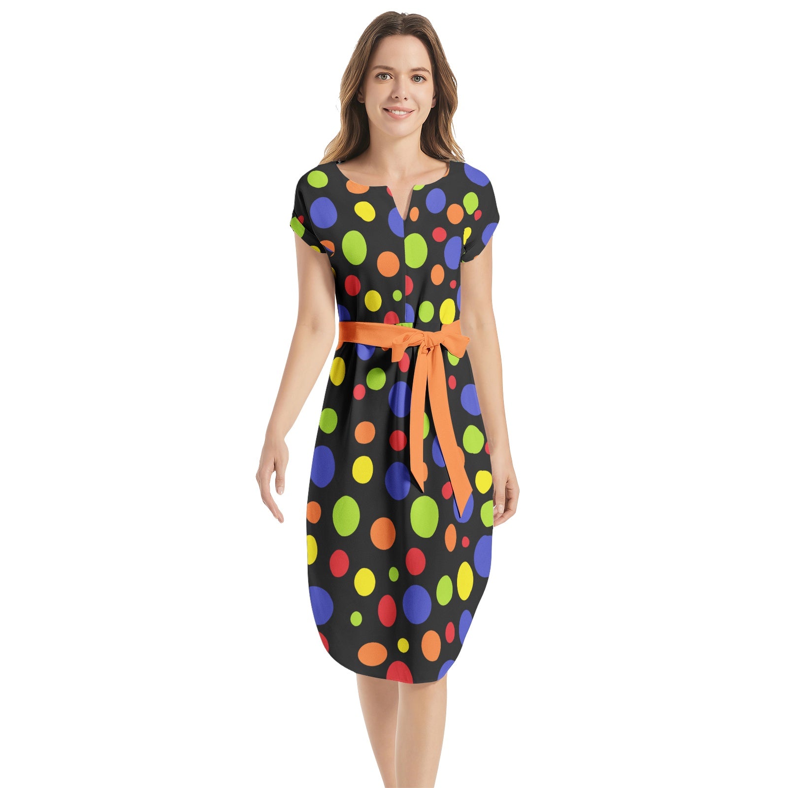 Polka Dots- Notched Neck Belted Dress