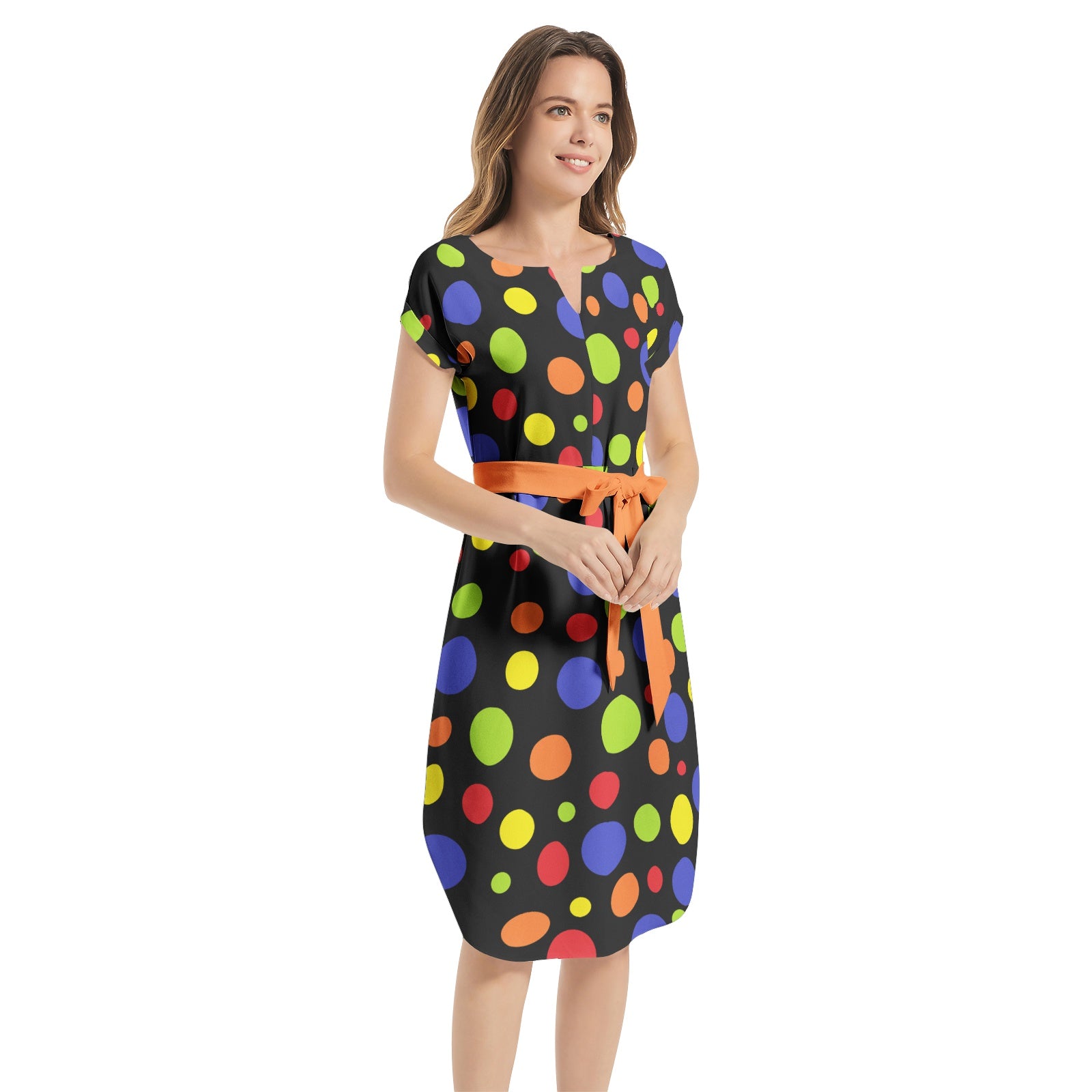 Polka Dots- Notched Neck Belted Dress