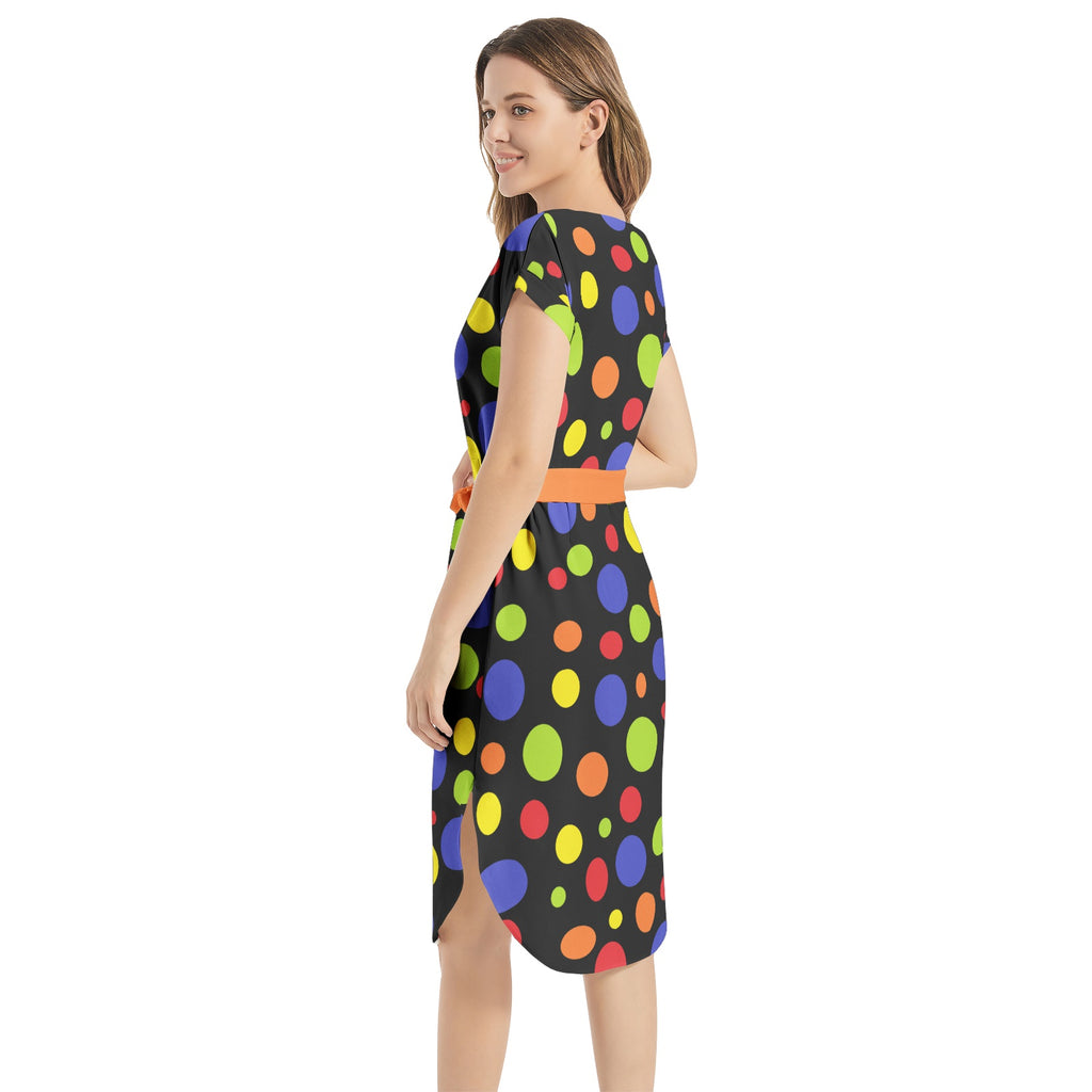 Polka Dots- Notched Neck Belted Dress