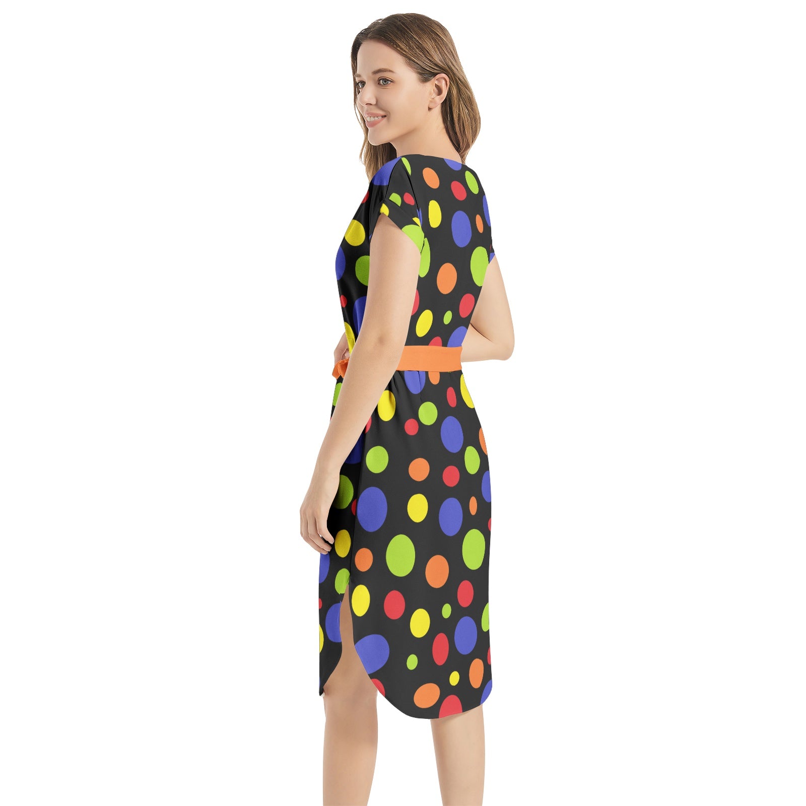 Polka Dots- Notched Neck Belted Dress