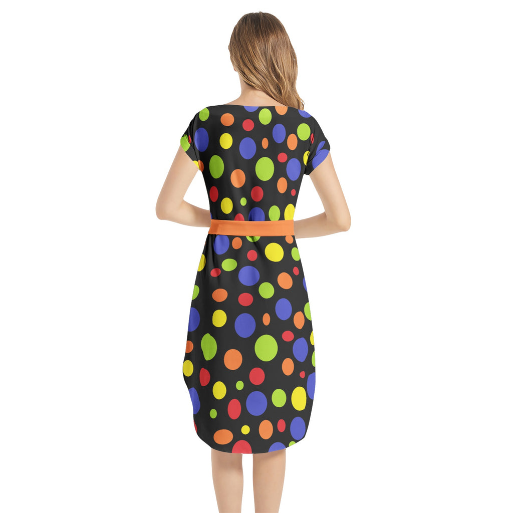 Polka Dots- Notched Neck Belted Dress